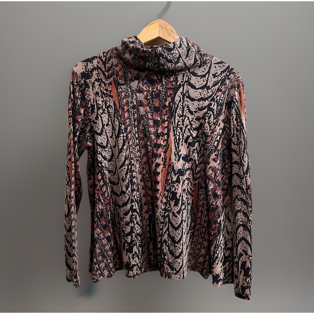Prairie Cotton Tunic Top Womens Medium Black Rust Abstract Cowl Neck LS USA